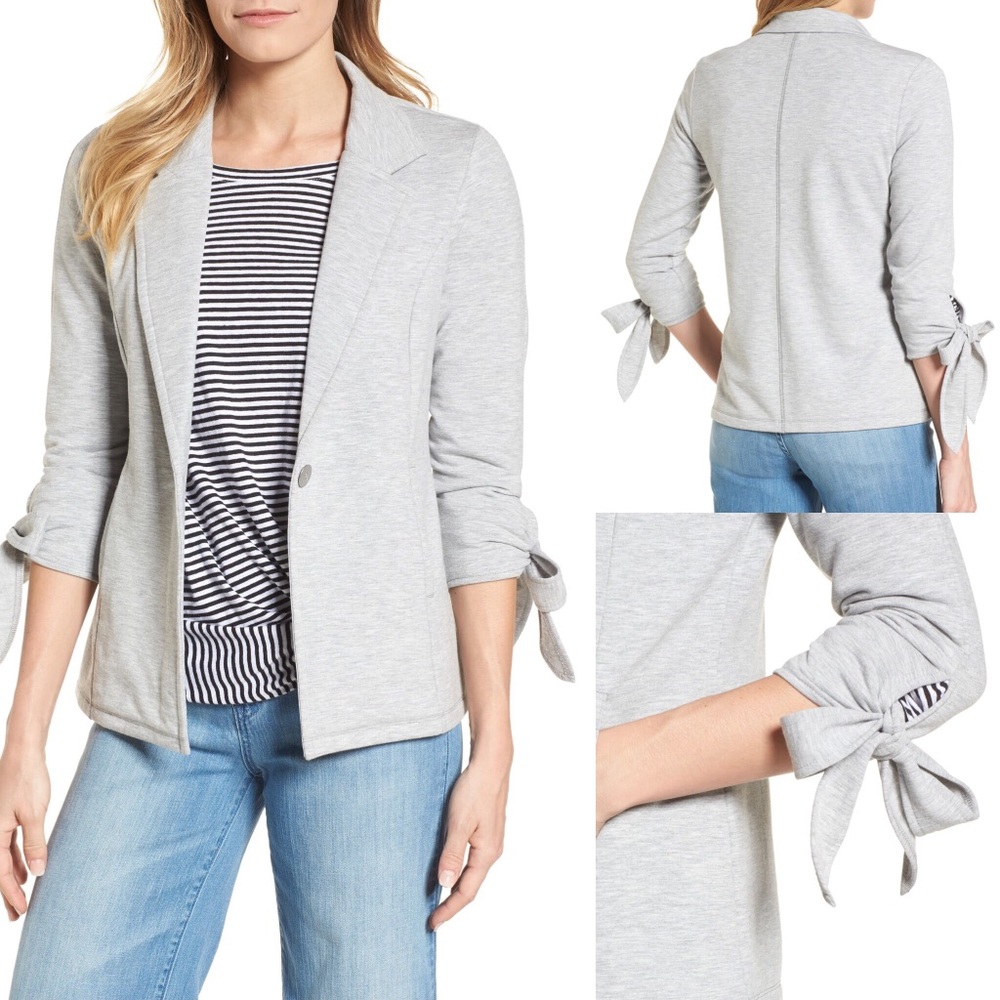 CASLON Tie Sleeve Stretch Knit Blazer Gray